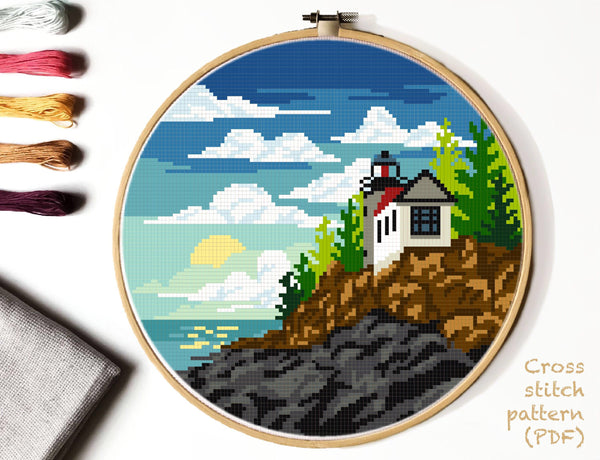 Acadia National Park Modern Cross Stitch Pattern, Landscape, instant PDF