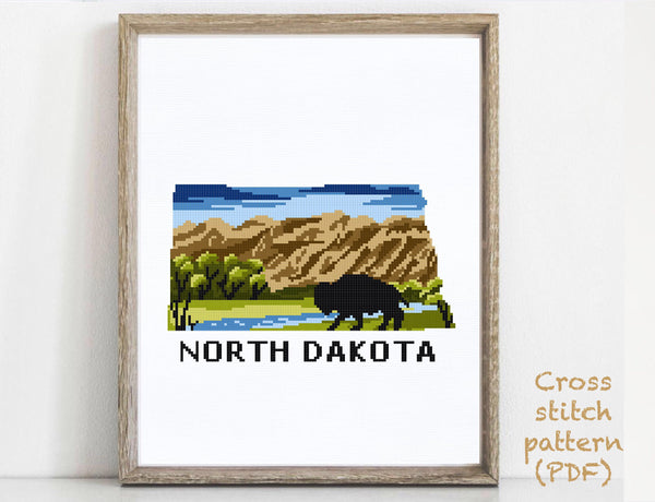 North Dakota state Modern Cross Stitch Pattern, Theodore Roosevelt National Park, buffalo, instant PDF