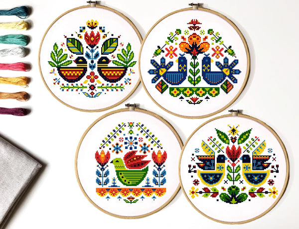 Folk Floral Modern Cross Stitch Pattern, flowers, Instant download pdf