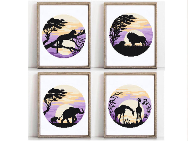 Giraffes,  Elephant, Panthers, Leon  Cross Stitch Pattern, sunset, instant PDF