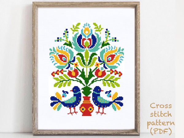 Folk Floral Modern Cross Stitch Pattern, flowers, Instant download PDF