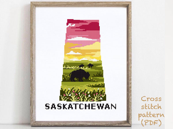 Saskatchewan province Canada Modern Cross Stitch Pattern, buffalo, instant PDF