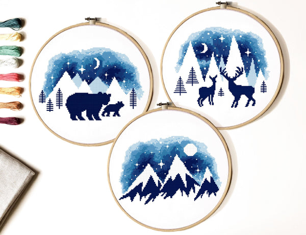 Mountains modern Cross Stitch Pattern, animals, moon, starry sky, INSTANT DOWNLOAD PDF