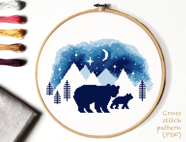 Bear Cross Stitch Pattern, starry sky,  mountains, INSTANT DOWNLOAD PDF