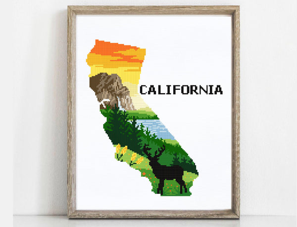 California  state  Modern Cross Stitch Pattern, Yosemite national park, instant PDF