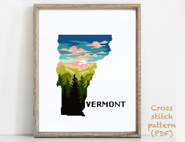 Vermont state Cross Stitch Pattern modern, Green Mountain National  Forest, instant PDF