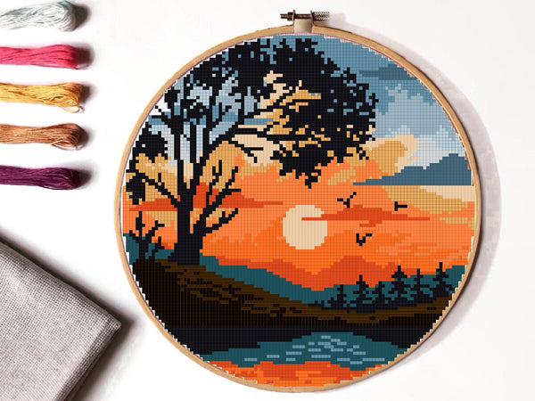 Landscape Modern Cross Stitch Pattern, instant PDF