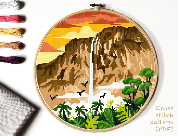 Venezuela Modern Cross Stitch Pattern, Latin America cross stitch, landscape, Angel Falls, tropic, jungle, instant PDF