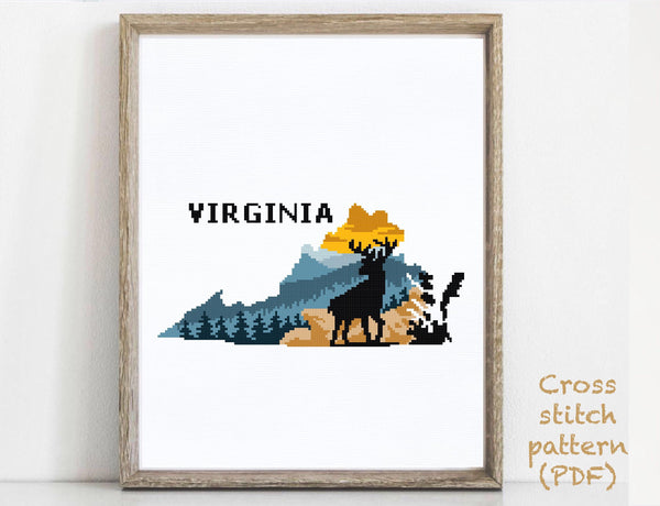 Virginia state Modern Cross Stitch Pattern, Shenandoah National Park, deer, mountains, instant PDF