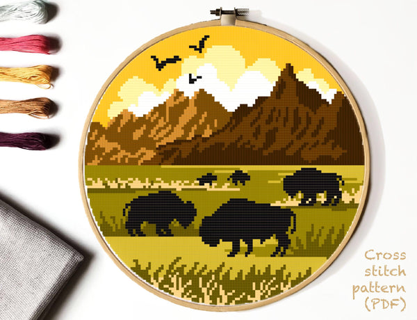 Badlands National Park Modern Cross Stitch Pattern,  buffalo,  mountains, instant PDF