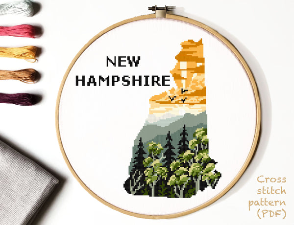 New Hampshire state Cross Stitch Pattern modern,  sunset,  instant PDF