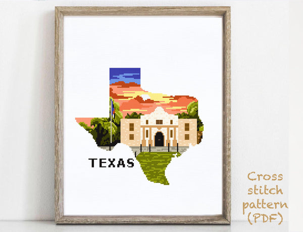 Texas  state Modern Cross Stitch Pattern, Alamo, instant PDF