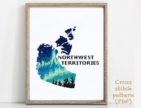 Northwest Territories Canada Modern Cross Stitch Pattern, Aurora Borealis, northern lights, instant PDF