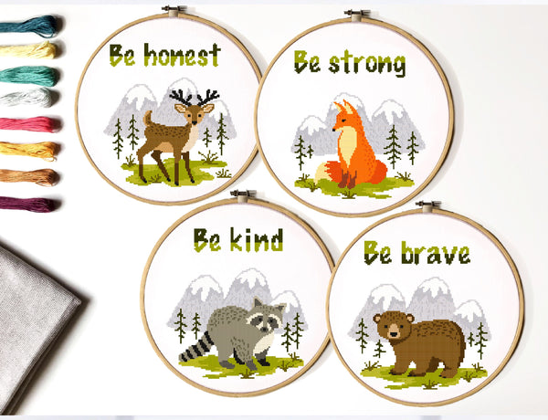 Be honest, be brave, be kind Modern Cross Stitch Pattern, nursery decor, baby animals, by vladaXstitch, instant download pdf 