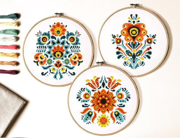 Folk Floral Modern Cross Stitch Pattern, Instant download PDF