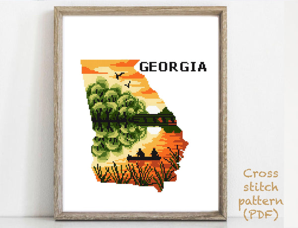 Georgia US state Modern Cross Stitch Pattern, river, sunset, forest, instant download PDF