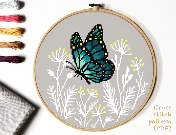 Butterfly Modern Cross Stitch Pattern,flower insect, instant download PD