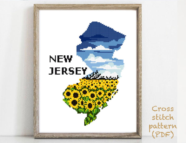 New Jersey US state Modern Cross Stitch Pattern, sunflowers,  instant download PDF