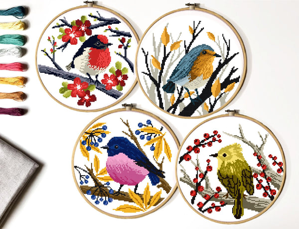 Set of 4 Birds Modern Cross Stitch Pattern, flowers, instant download PDF