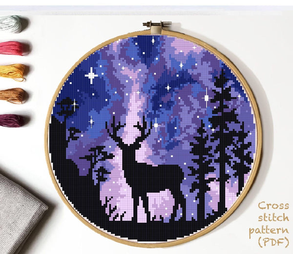 Deer Modern Cross Stitch Pattern, night sky, forest, instant download PDF