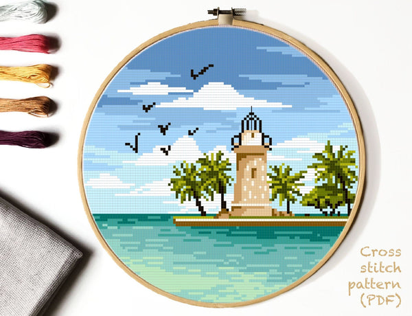 Biscayne National park Modern Cross Stitch Pattern, lighthouse,  palms, ocean, instant download PDF