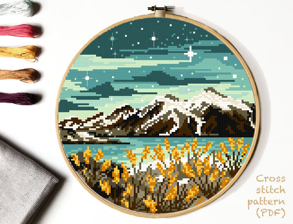 Landscape Modern Cross Stitch Pattern, mountain, flowers, night sky, instant download PDF