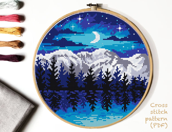 Landscape Modern Cross Stitch Pattern, Lake, moon, mountain, forest, instant download PDF