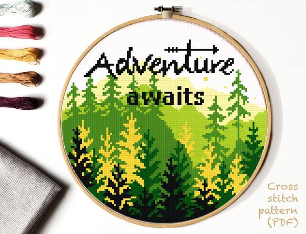 Adventure awaits Modern Cross Stitch Pattern, mountain, forest, instant download PDF