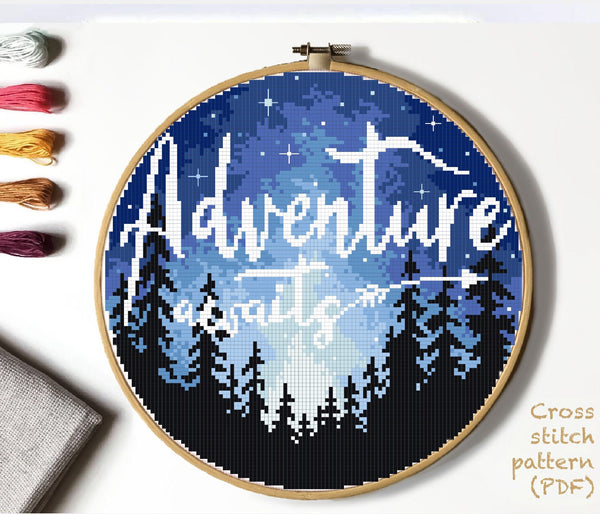 Adventure awaits Modern Cross Stitch Pattern, starry sky, instant download PDF