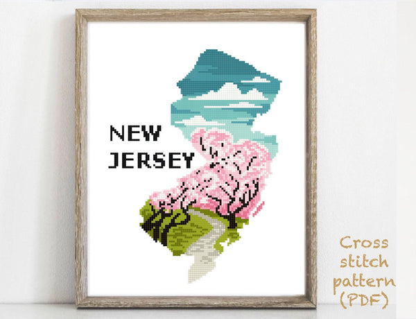 New Jersey US state Modern Cross Stitch Pattern, flowers tree, instant download PDF