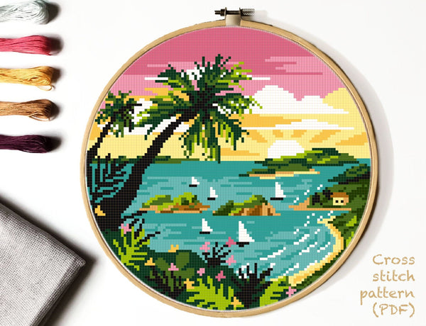 Virgin Islands National park Modern Cross Stitch Pattern, palm, instant download PDF