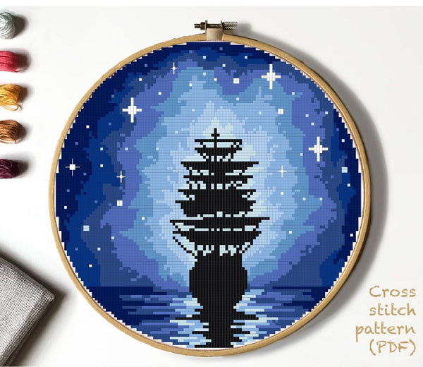 Sailboat Modern Cross Stitch Pattern, sea, starry sky,, instant download PDF