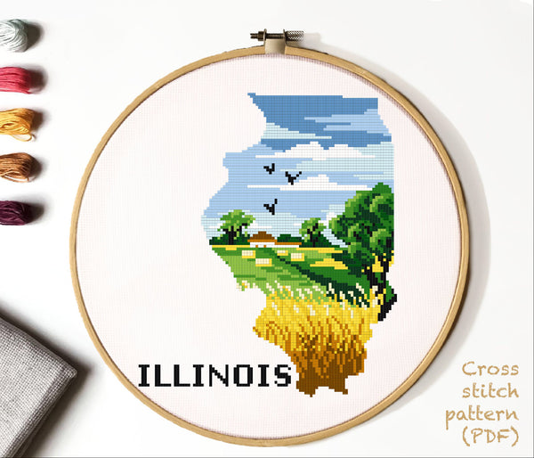 Illinois state silhouette Modern Cross Stitch Pattern, USA, instant download pdf