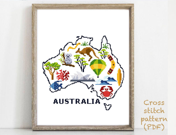 Australia silhouette Modern Cross Stitch Pattern, nature easy counted cross stitch chart, country, hoop art, instant download PDF