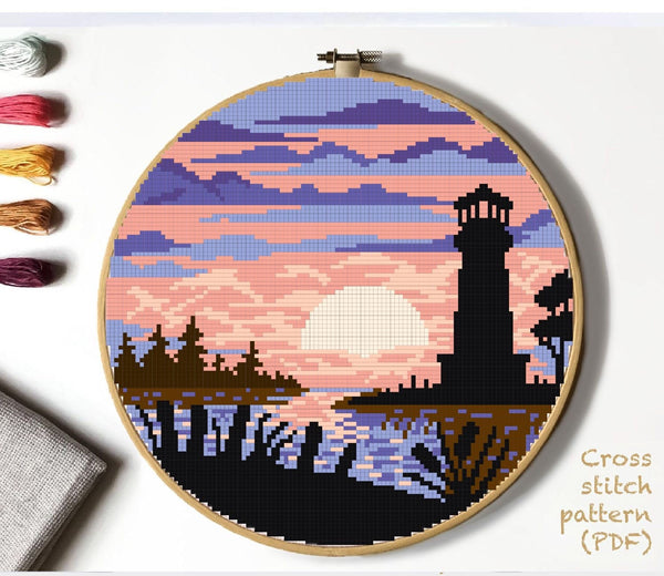 Landscape Modern Cross Stitch Pattern, lighthouse, sunset, instant download PDF