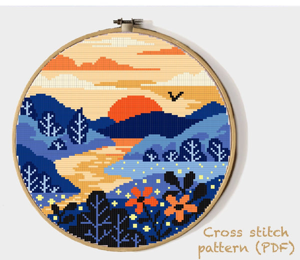 Landscape Modern Cross Stitch Pattern, nature counted cross stitch chart, river, sunset, flowers, forest, hoop art, instant download PDF