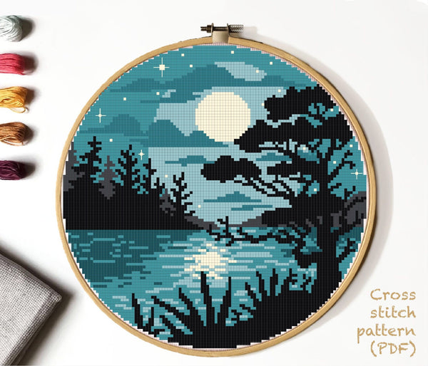 Landscape Modern Cross Stitch Pattern, river, moon, mountain, starry sky, forest,instant download PDF