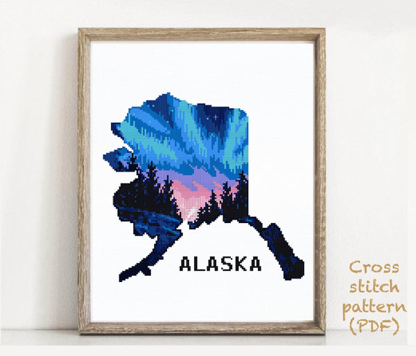 Alaska state US Modern Cross Stitch Pattern, Northern Lights, instant download P