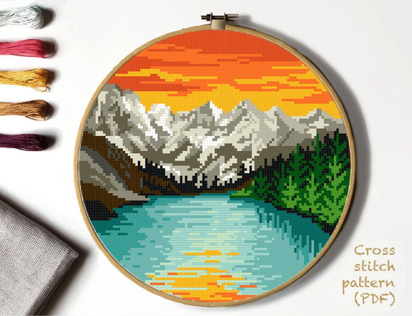 Lake Clark National park Modern Cross Stitch Pattern, instant download PDF