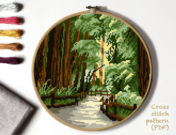 Muir Woods National Monument cross stitch pattern,  landscape, instant download pdf