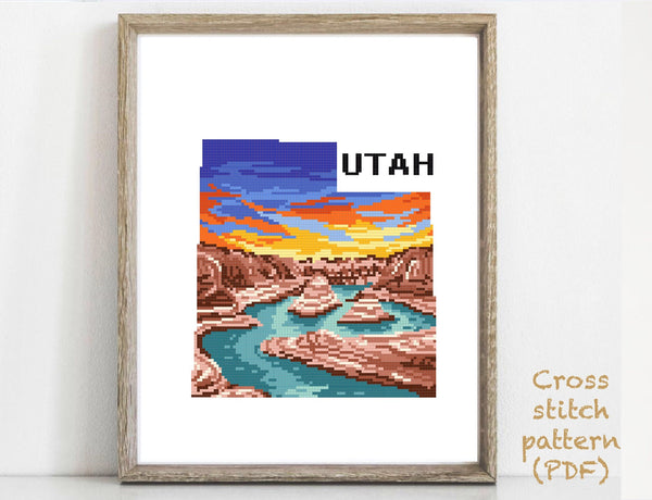 Utah silhouette modern cross stitch pattern, reflection canyon, instant download pdf