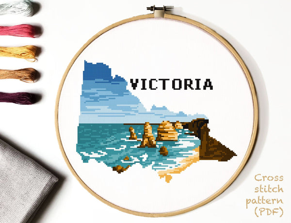 Victoria state silhouette, Australia modern cross stitch pattern, The Twelve Apostles, Great ocean road, instant download