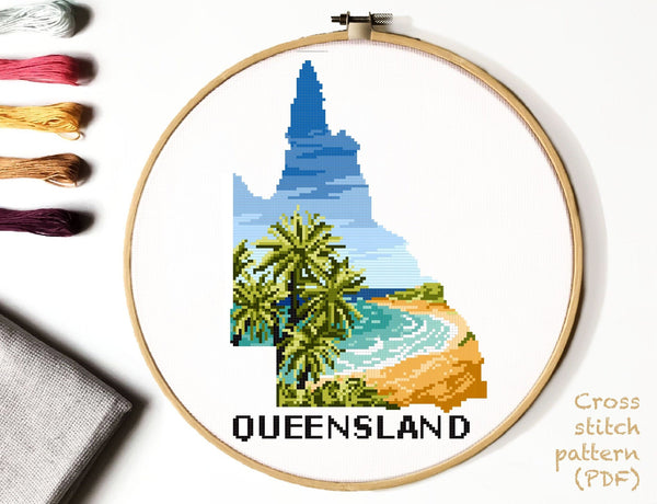 Australia Queensland state silhouette Modern Cross Stitch Pattern,  instant download pdf