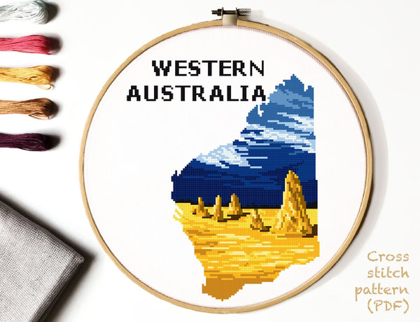 Western Australia States silhouette Modern Cross Stitch Pattern, Pinnacles Nambung National park, coast, instant download