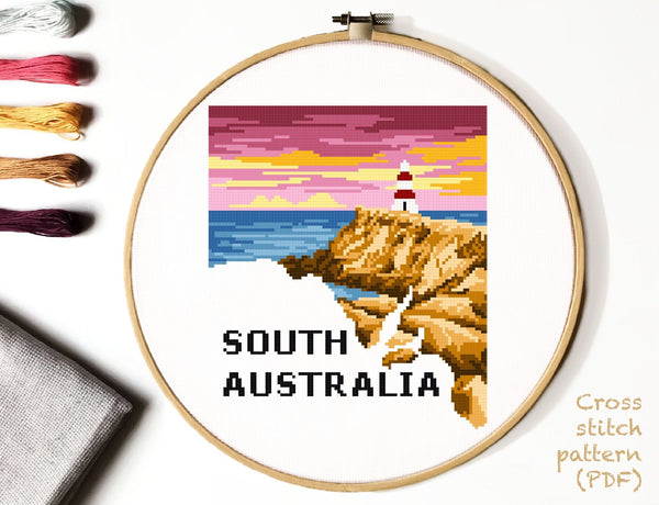 South Australia States silhouette Modern Cross Stitch Pattern, Robe Obelisk, Limestone coast, ocean, instant download pdf