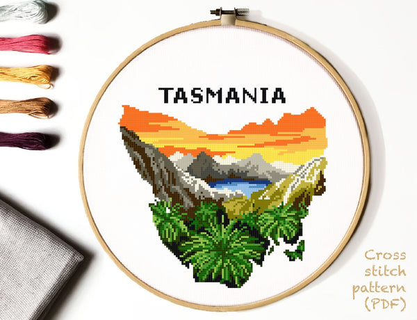 Tasmania Australia States silhouette Modern Cross Stitch Pattern, lake Oberon, Western Arthur Range, instant download pdf