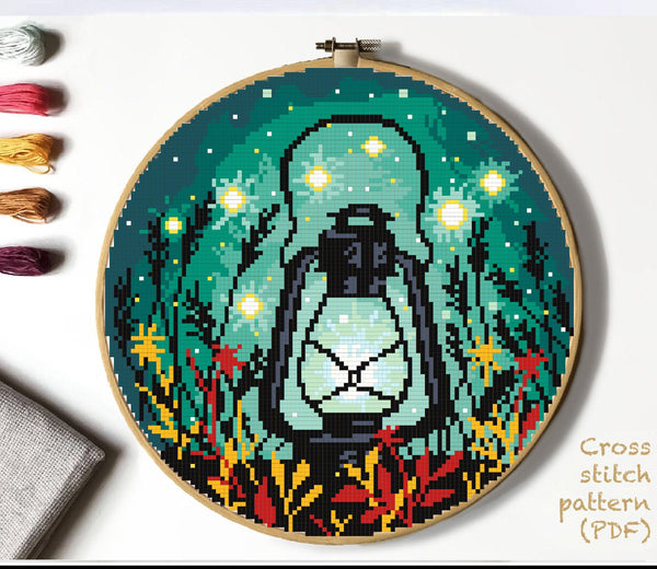 Nature Modern Cross Stitch Pattern, Lantern, fireflies, instant download PDF