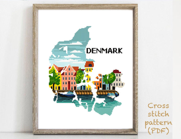 Denmark Modern Cross Stitch Pattern, silhouette country, city,  instant download PDF