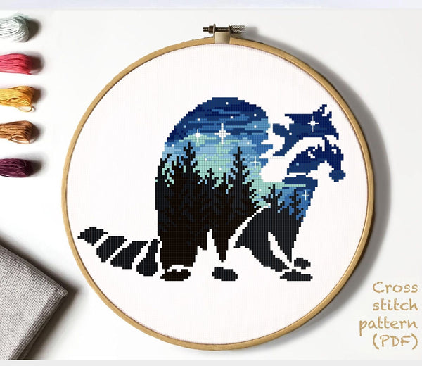 Raccoon Modern Cross Stitch Pattern,, animal, instant download PDF