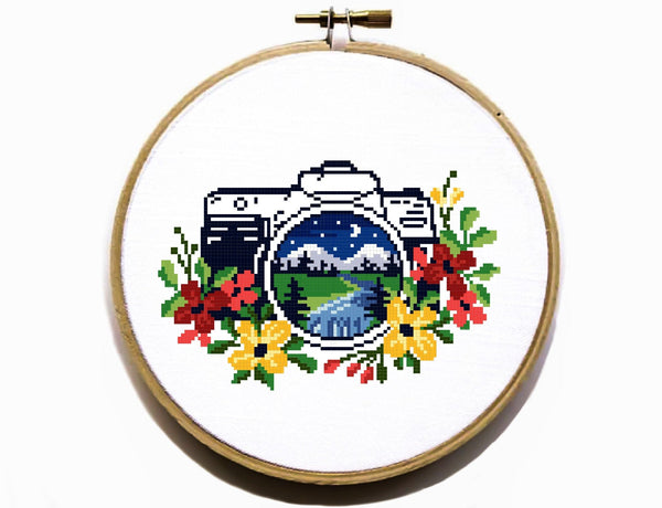 Floral camera Modern Cross Stitch Pattern, flower, Instant download PDF